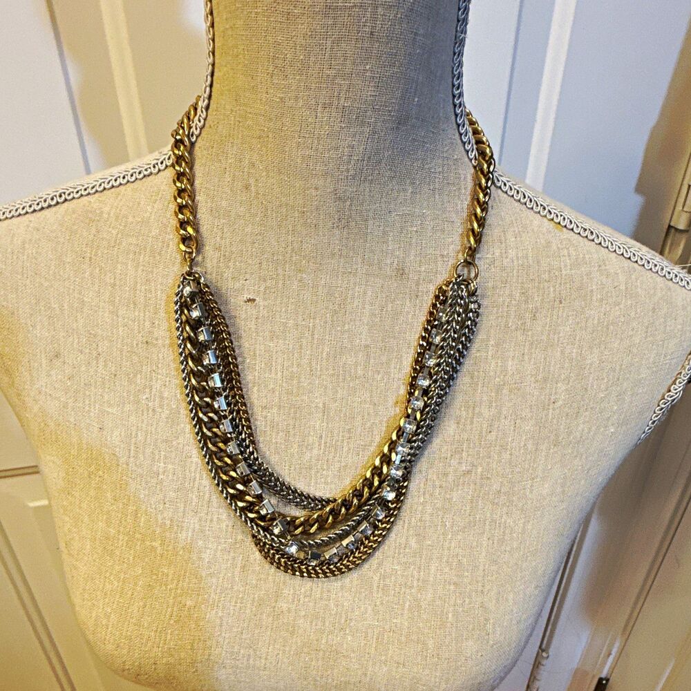 Y2K Two Tone Layered Curb Link Chain Statement Necklace Clear Rhinestone 18 in